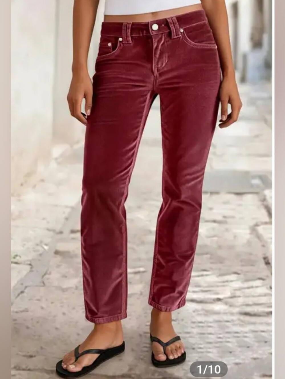 Flamingals Solid Corduroy Mid Waist Straight Leg Crop Burgundy Pants NWT